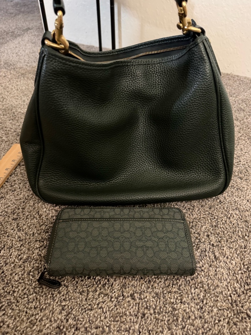 Coach Dark Green Pebbled Leather Shoulder bag. With matching Coach green wallet